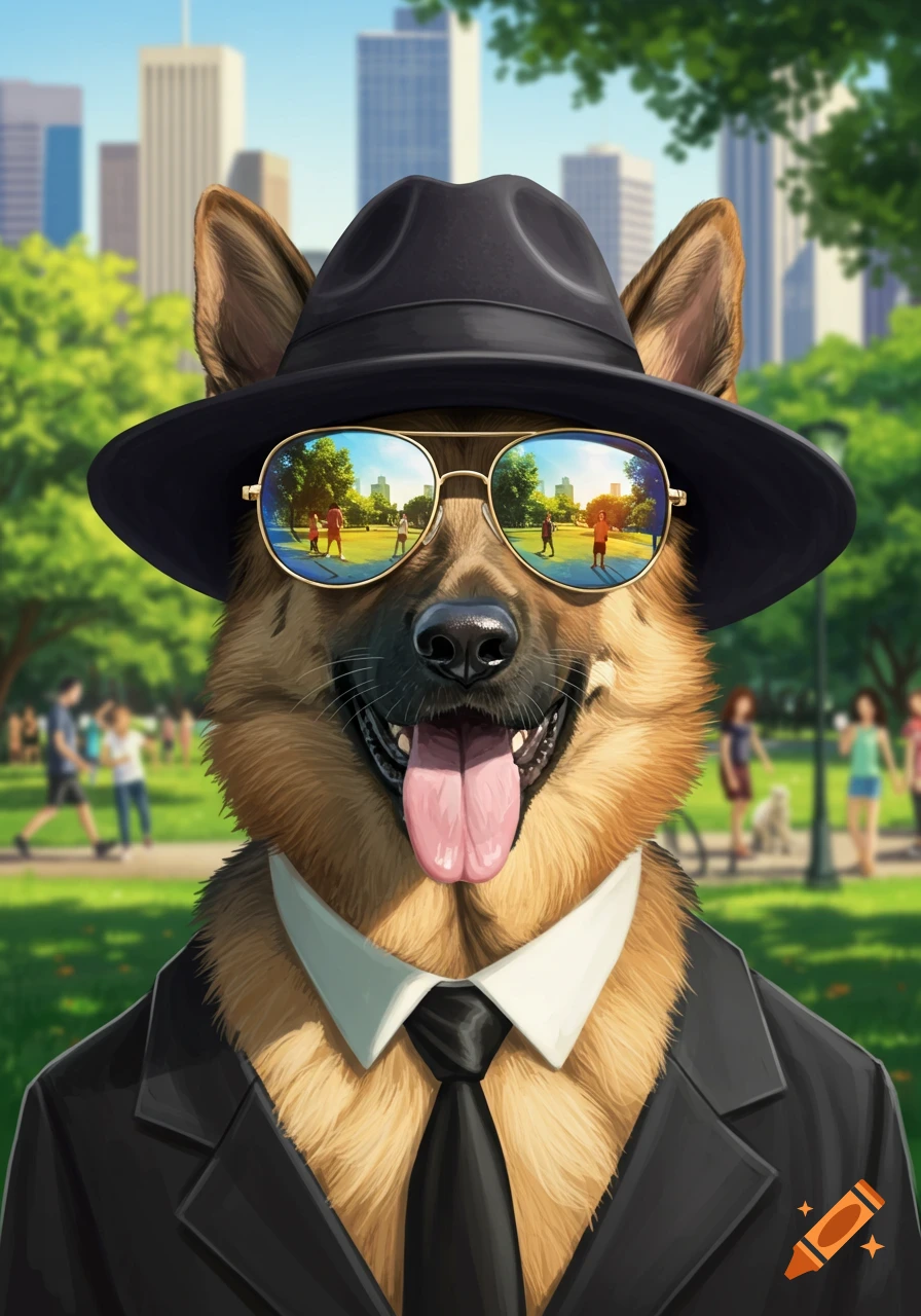 A German Shepherd wearing a black suit, fedora, and mirrored sunglasses, standing in a city park.