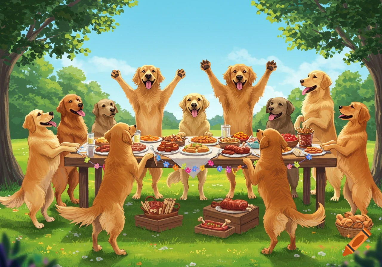 Cartoon golden retrievers standing on two legs at an outdoor buffet table laden with food under a blue sky.