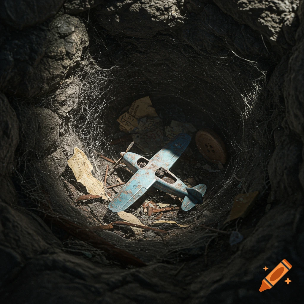 Top-down view of a rusted toy airplane covered in cobwebs, lying in a dark, rocky crevice with debris, realistic style.
