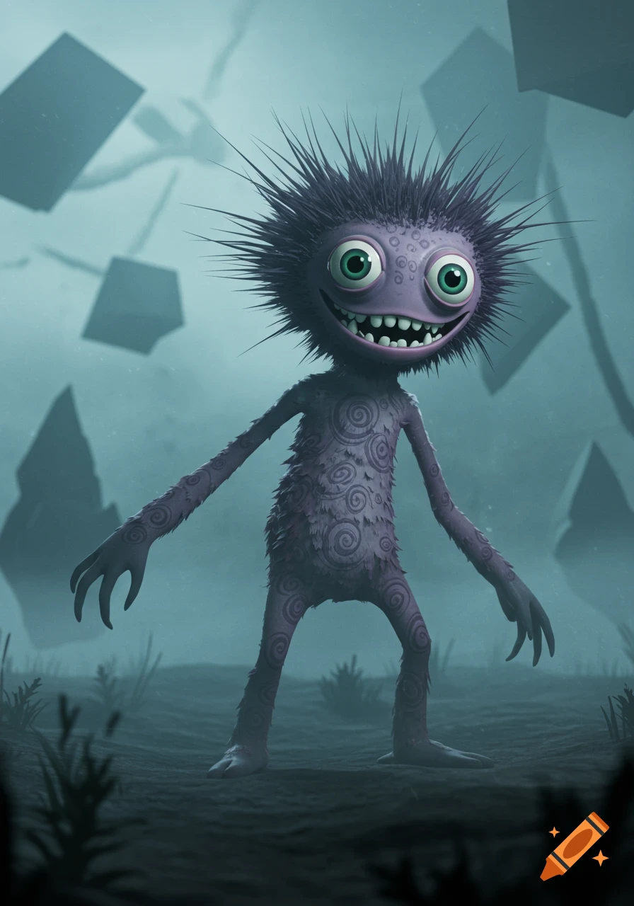 A creepy, cartoonish purple creature with spiky hair, big green eyes, and a wide grin, stands in a misty, abstract landscape.
