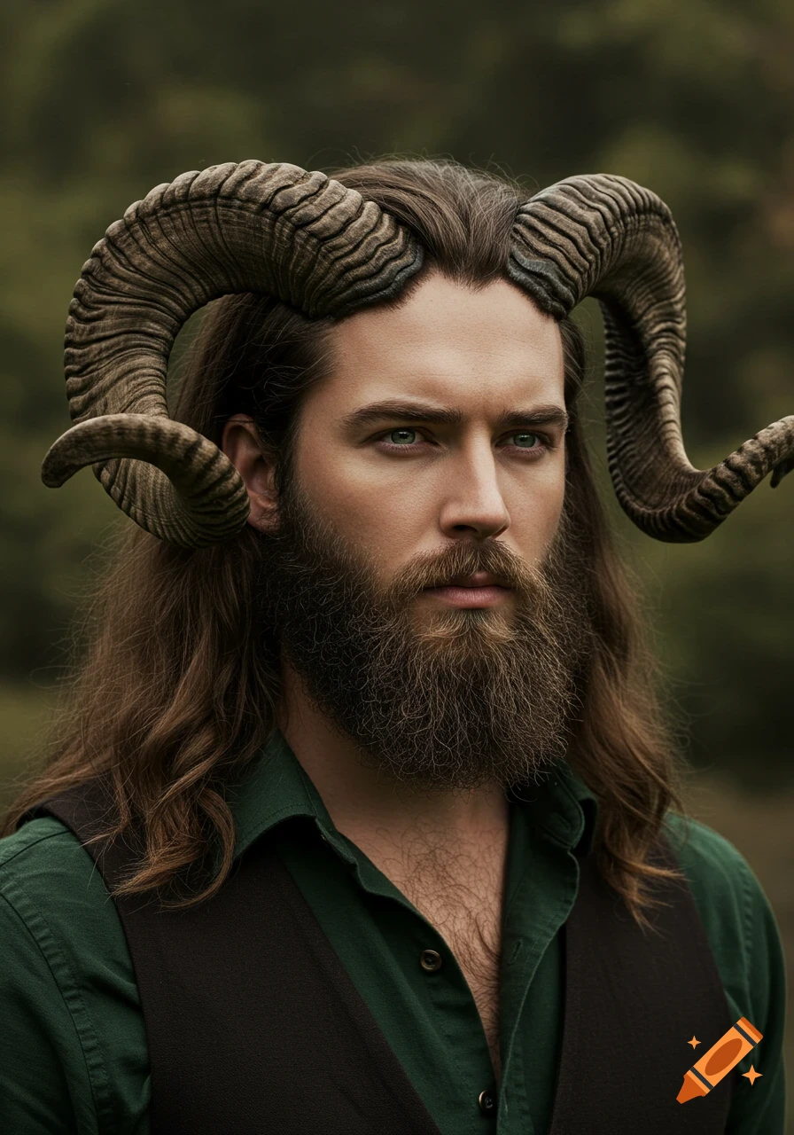A photorealistic portrait of a bearded man with long brown hair, wearing a green shirt and dark vest, adorned with large ram's horns.