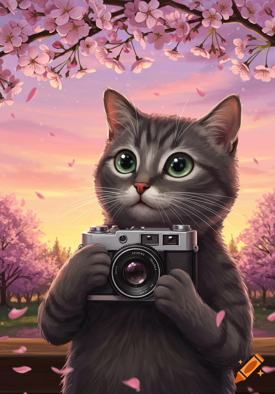 A cute gray tabby cat with large green eyes holds a vintage camera under pink cherry blossoms against a sunset sky, in an anime style.