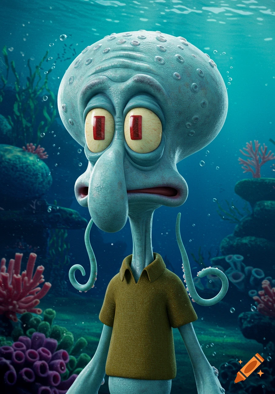Highly detailed, photorealistic render of a grumpy Squidward underwater amidst coral and plants.