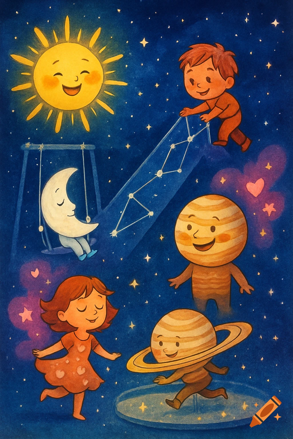 A whimsical watercolor illustration of happy celestial bodies and children playing in a starry cosmic playground.