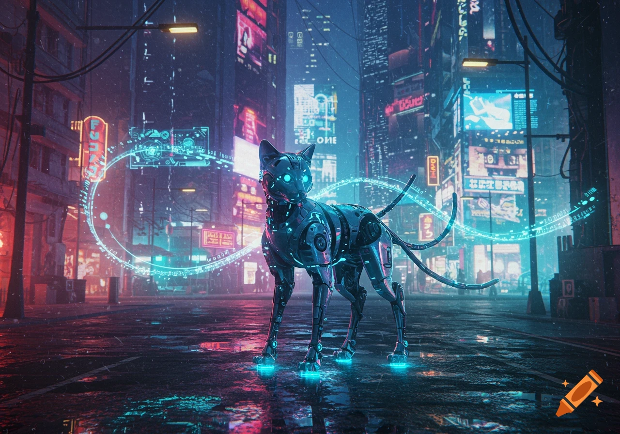 A sleek robotic cat with glowing blue eyes and paws stands on a wet street in a neon-lit cyberpunk city at night.