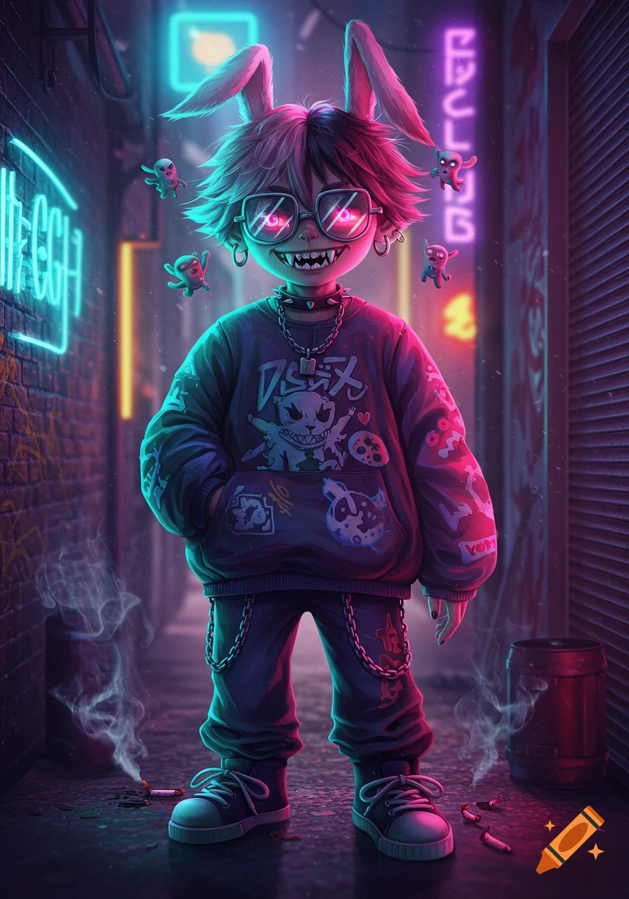 A stylized character with bunny ears and fangs, wearing an oversized hoodie and glasses, stands in a neon-lit alleyway at night, surrounded by smoke and small floating creatures.