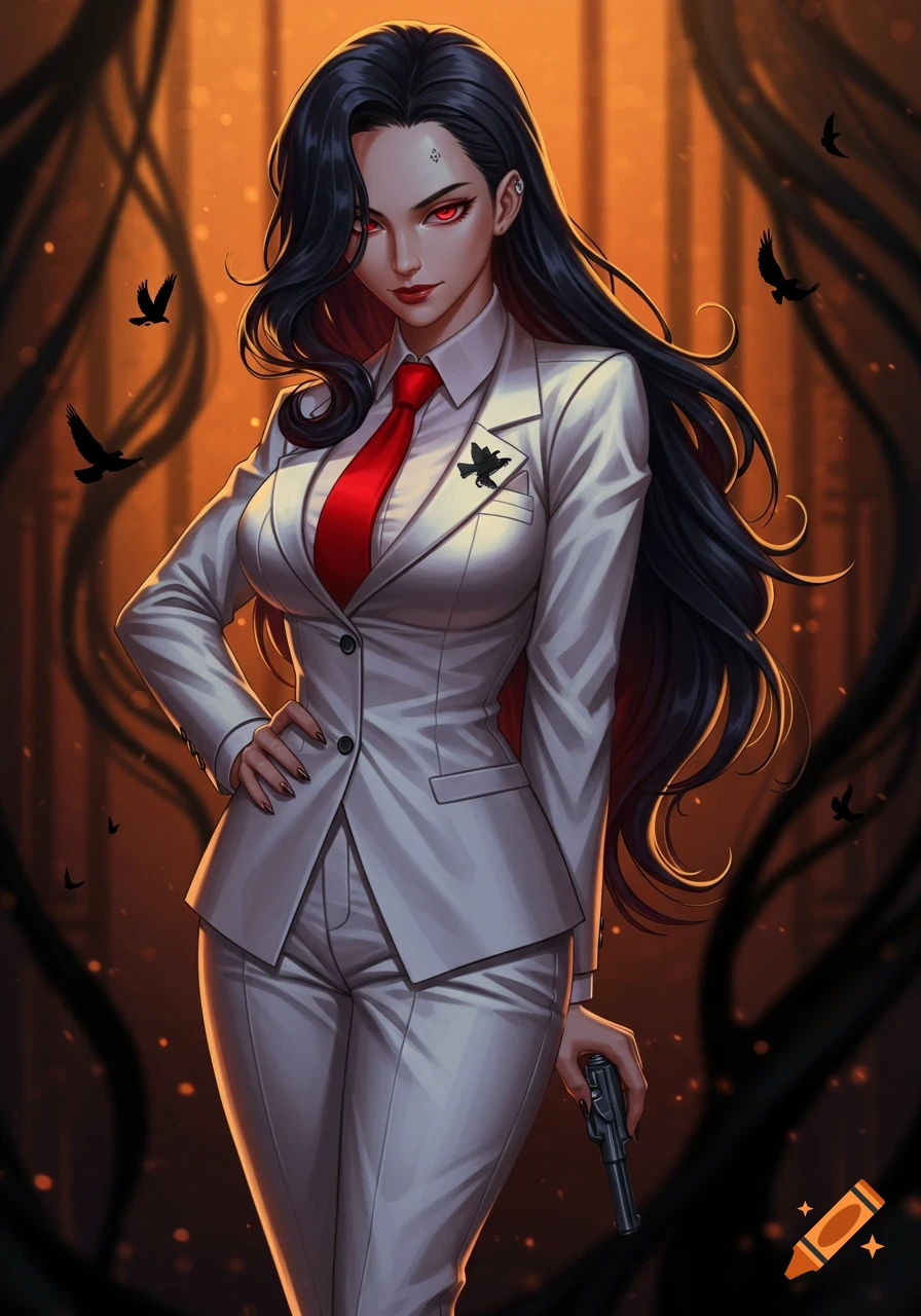 An anime woman with long black hair, red eyes, and a white suit with a red tie holds a gun. Black birds fly around her.