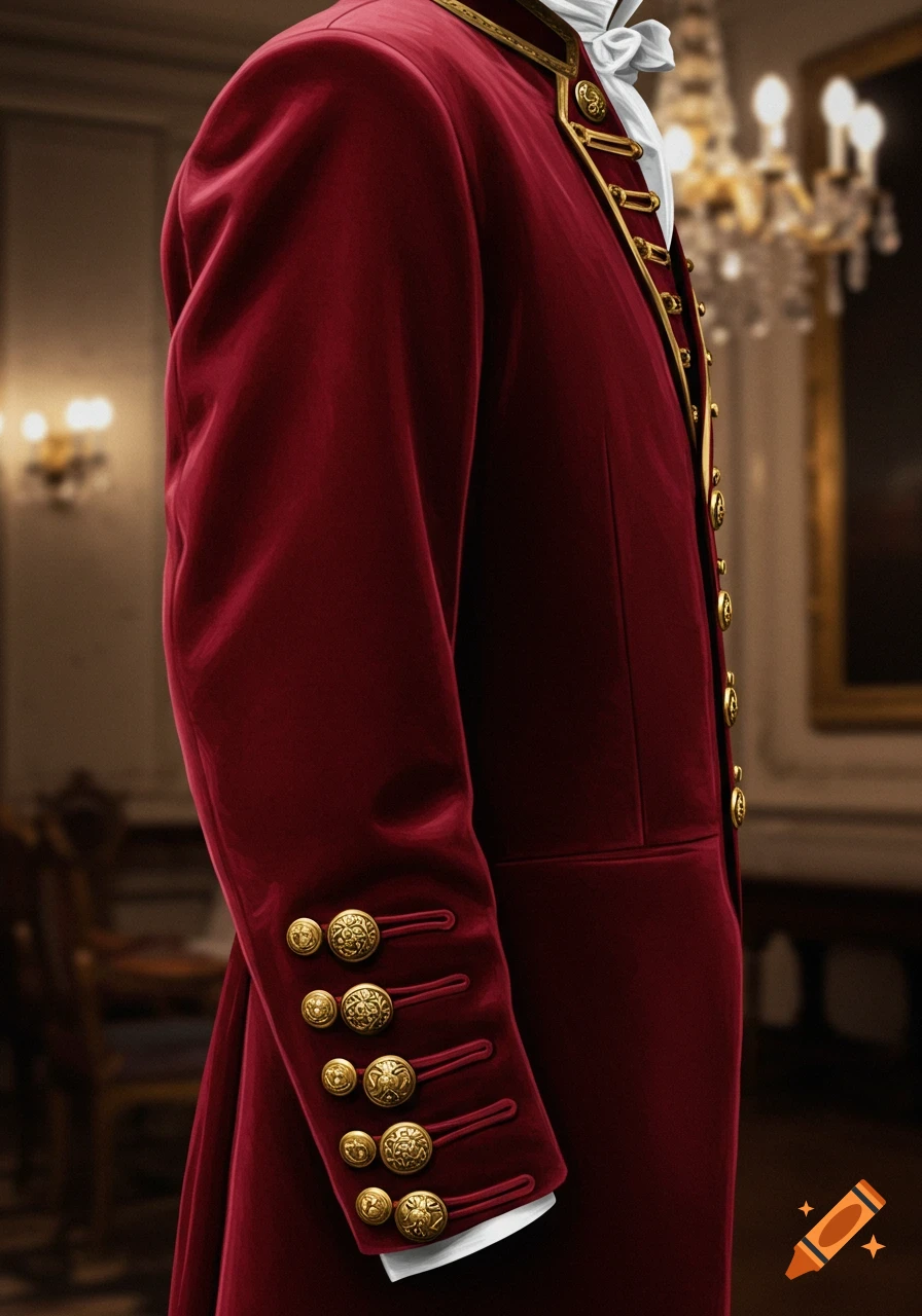 Close-up of a person in a rich scarlet jacket with gold buttons and a white cravat, set in an opulent interior.