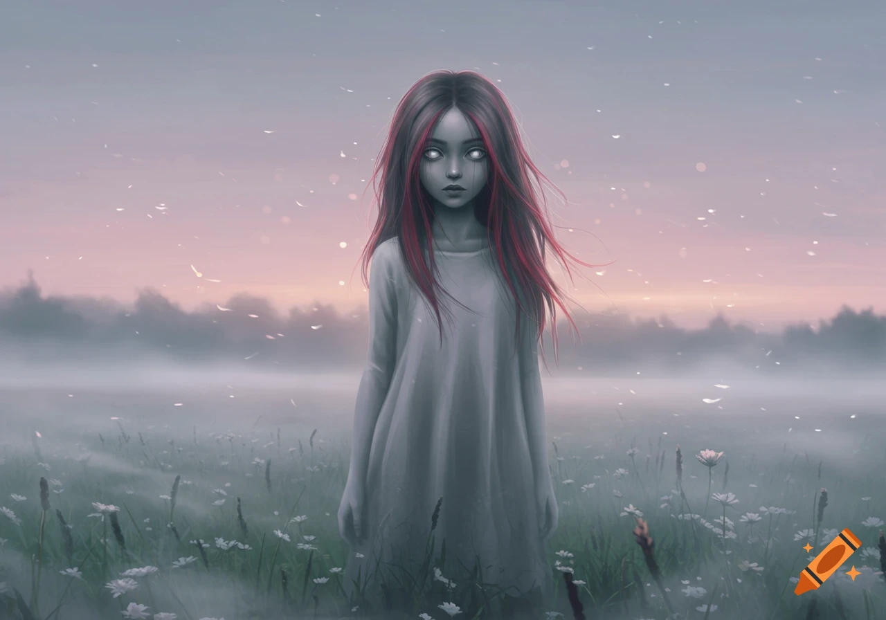 Digital art of a grey-skinned girl with red-streaked hair and white eyes in a misty field with white flowers under a pink sky.