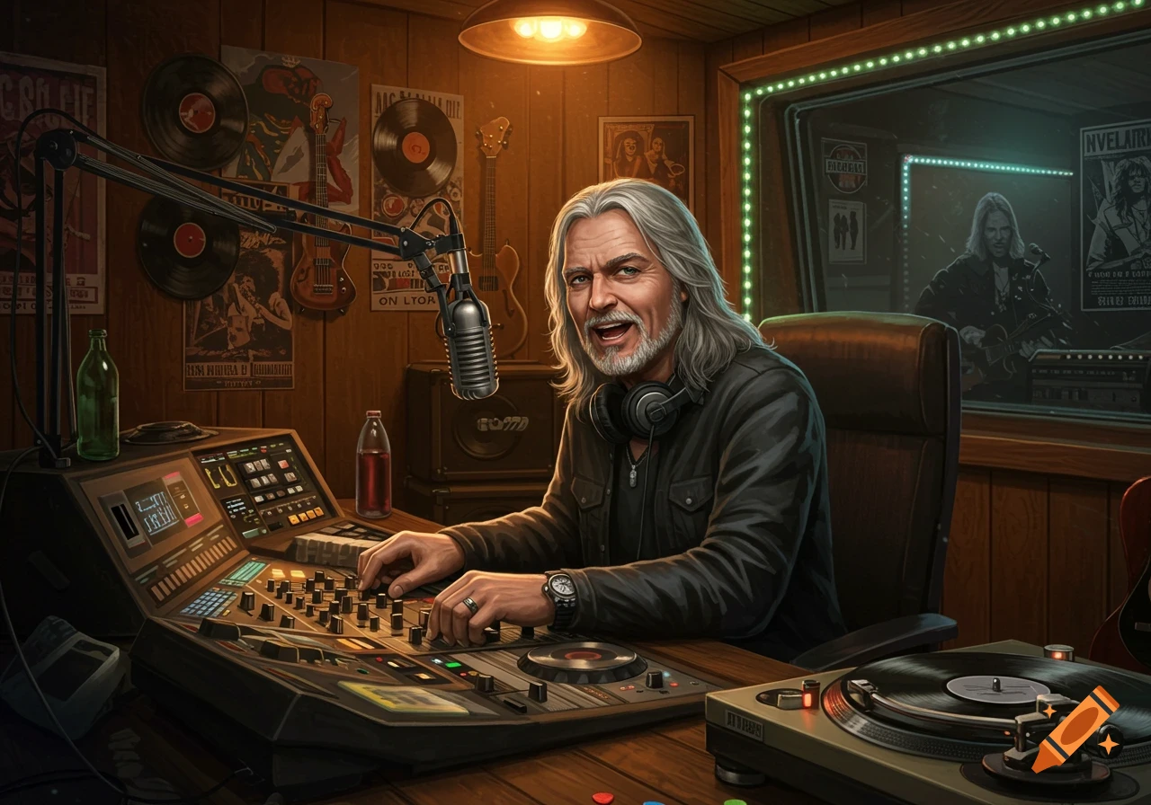 A smiling male rock radio DJ with long gray hair and headphones sits at a mixing console in a warm-lit studio with a microphone.
