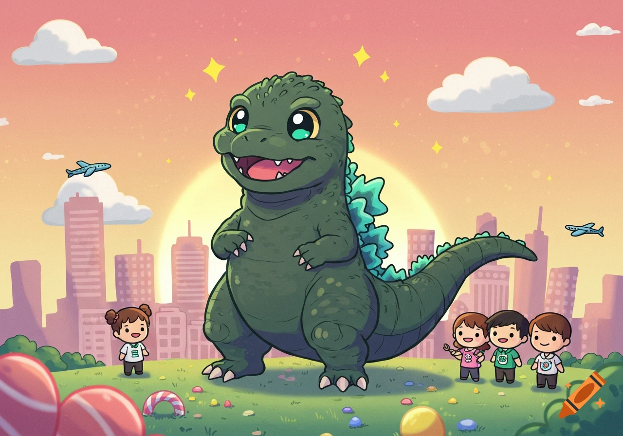 Cute chibi Godzilla stands among small children in a cartoon city landscape at sunset.