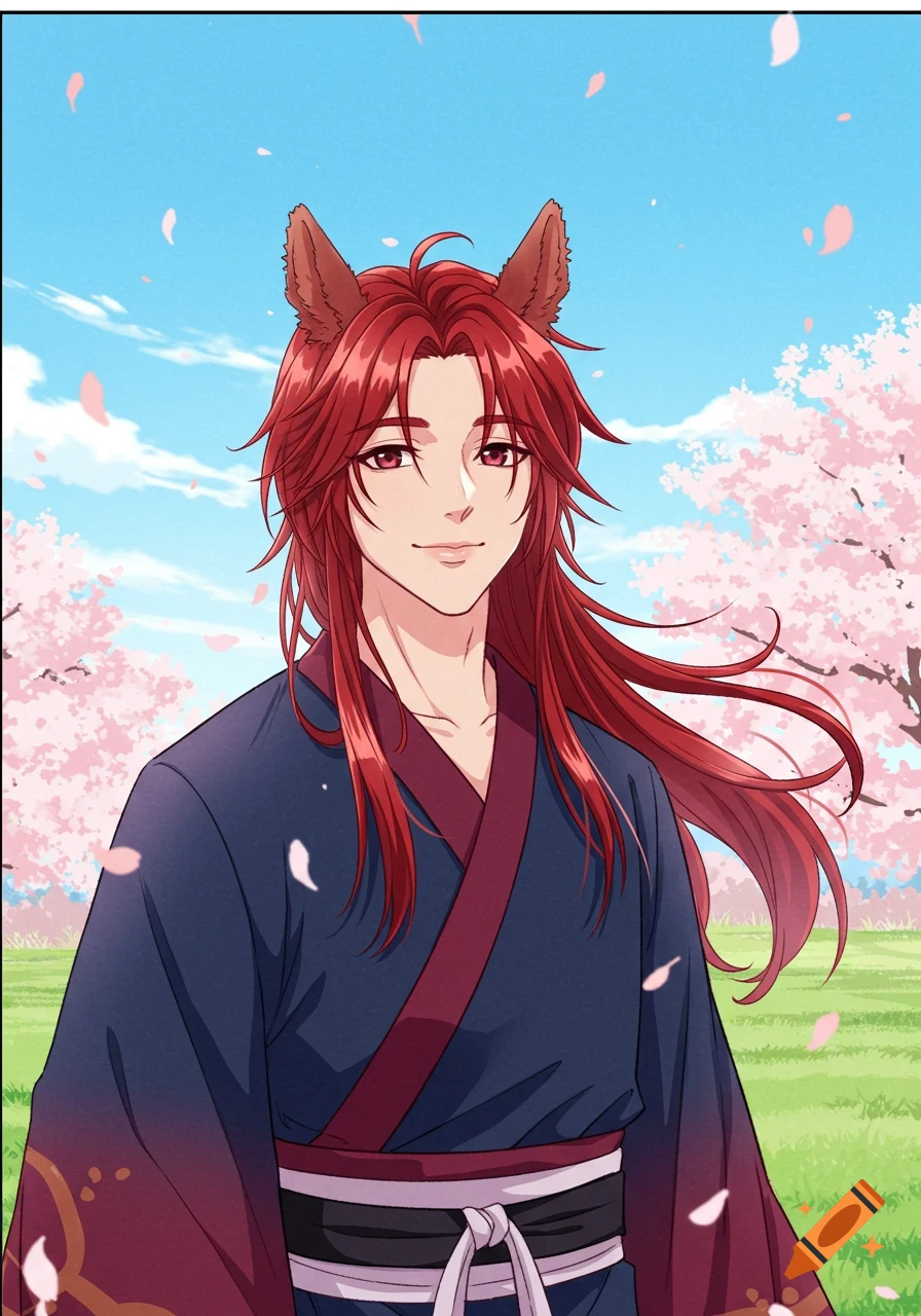 Manga art of a friendly man with red hair and horse ears, wearing a dark kimono, standing in a field with cherry blossoms.