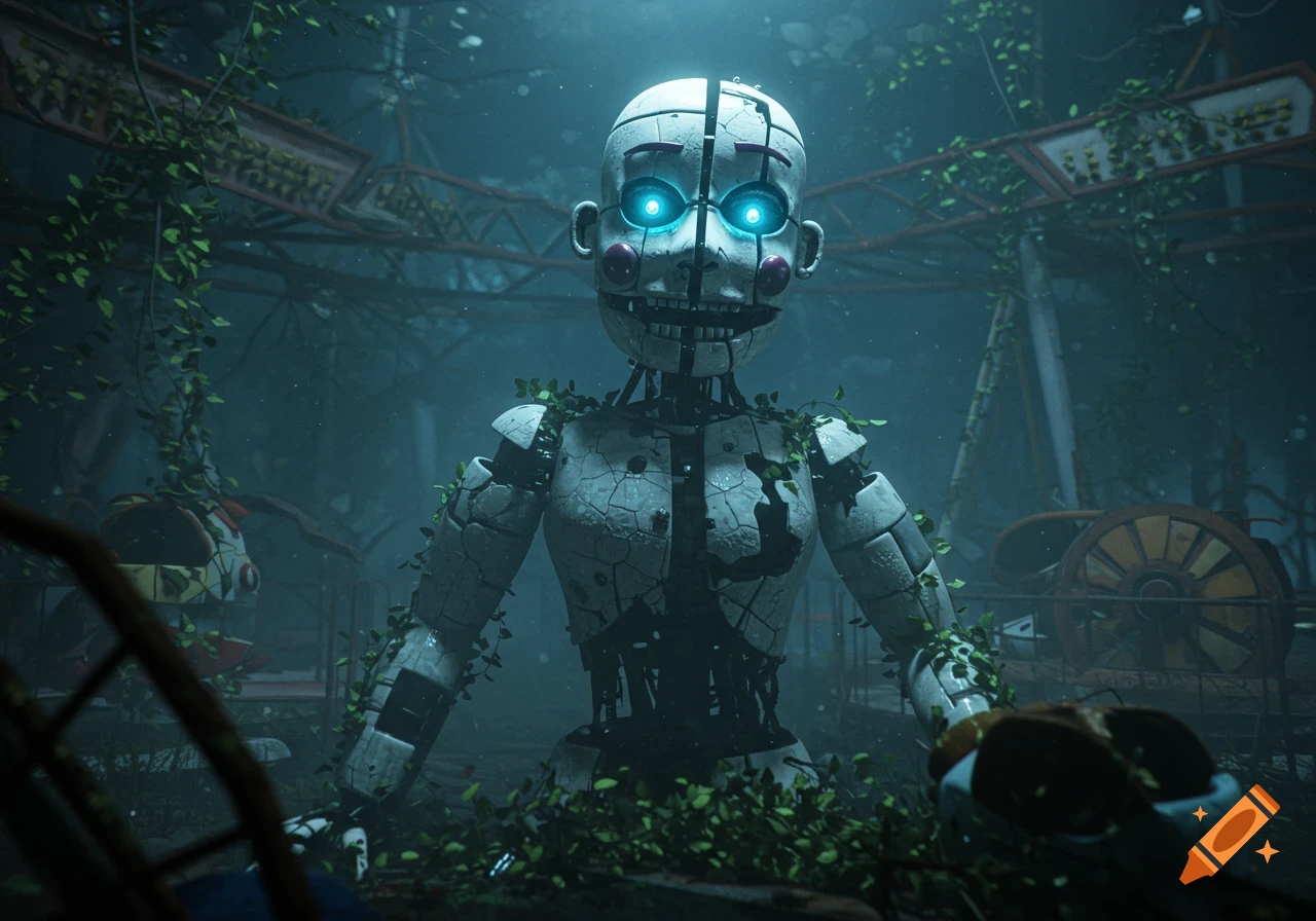 A creepy animatronic robot with glowing blue eyes, covered in green vines, stands in a dark, overgrown ruined setting.