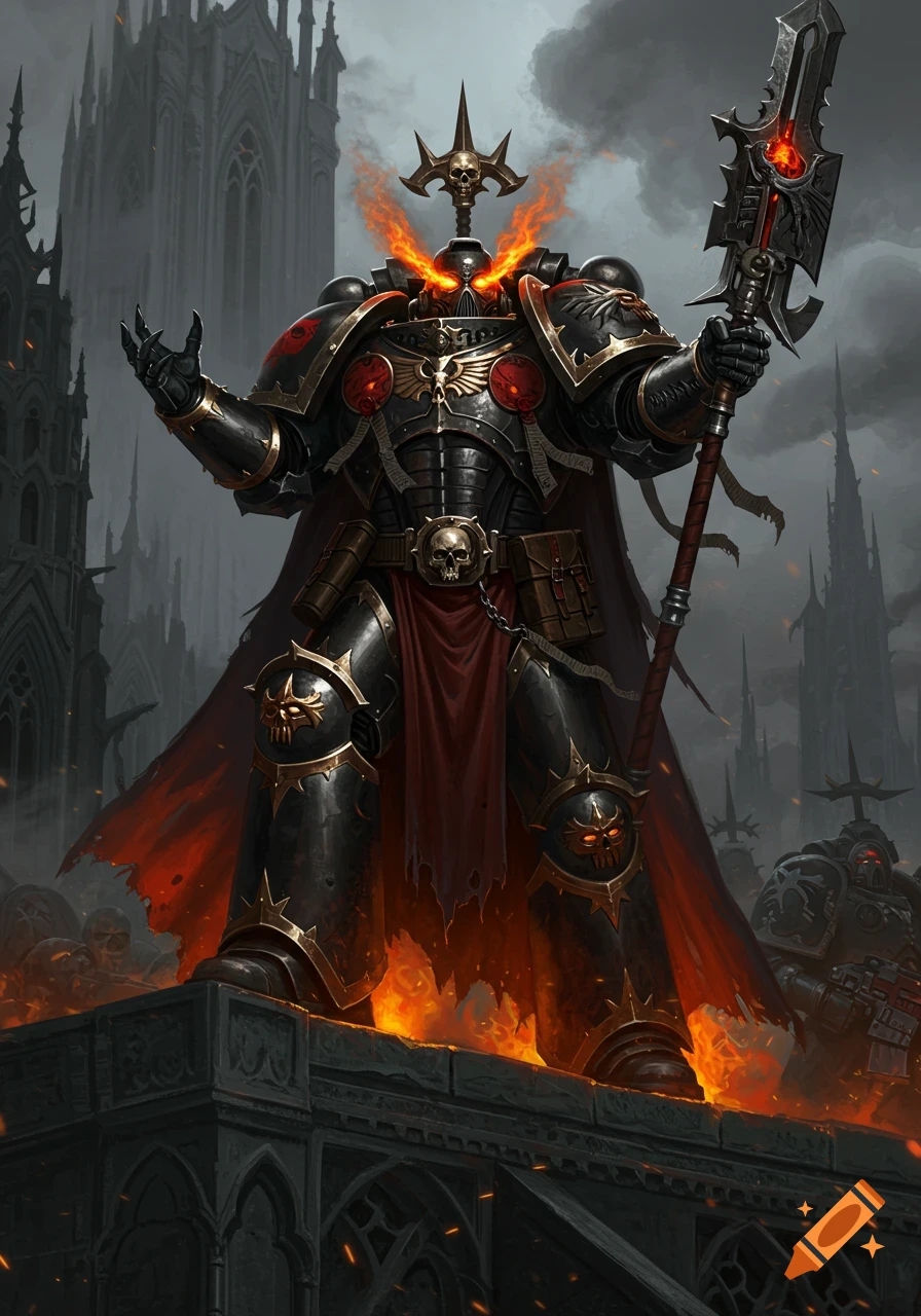 A towering Warhammer 40k Chaplain in black armor with flaming eyes and a skull helmet, holding a crozius, stands atop a gothic battlement with fire around his feet.