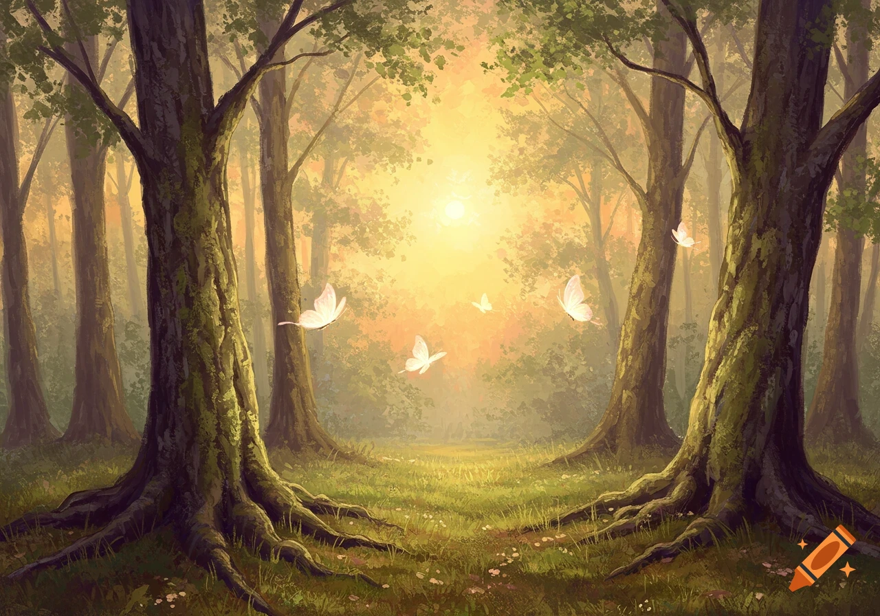Impressionistic painting of a magical forest clearing with mossy trees and glowing butterflies in golden sunset light.