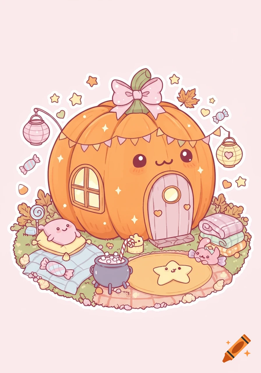 Adorable kawaii pumpkin house in pastel colors with a bow, tiny candy bucket, cozy blankets, star rug, and floating autumn leaves in a chibi sticker style.
