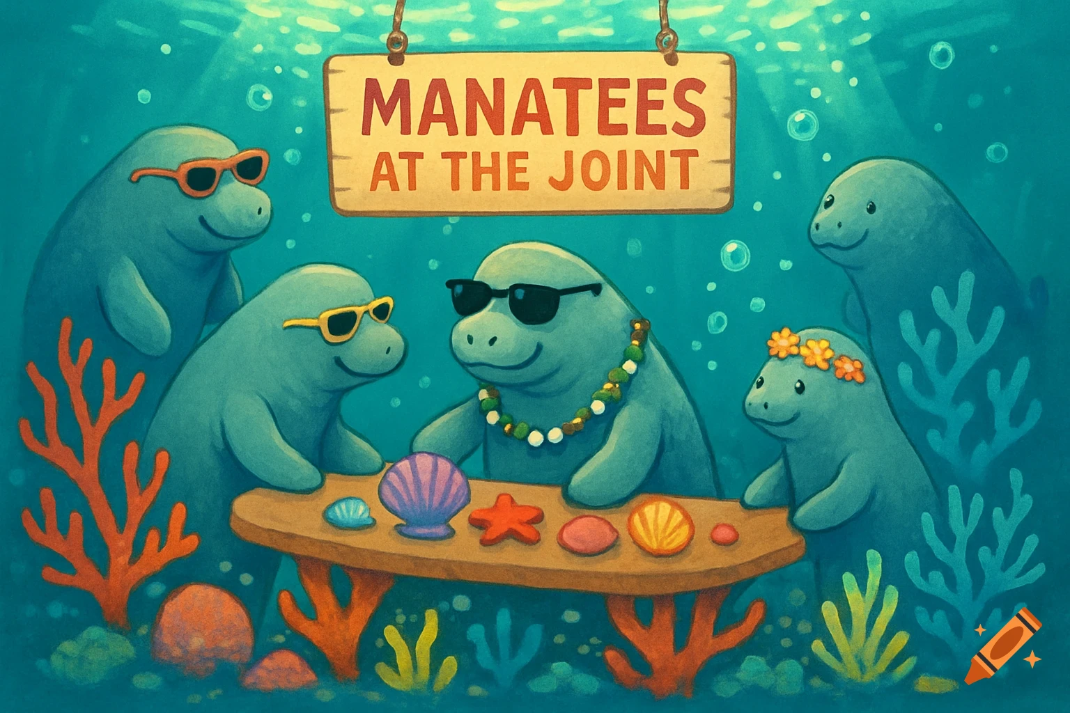 Playful cartoon manatees in sunglasses and leis sit at an underwater table with seashells under a sign reading 'MANATEES AT THE JOINT'.