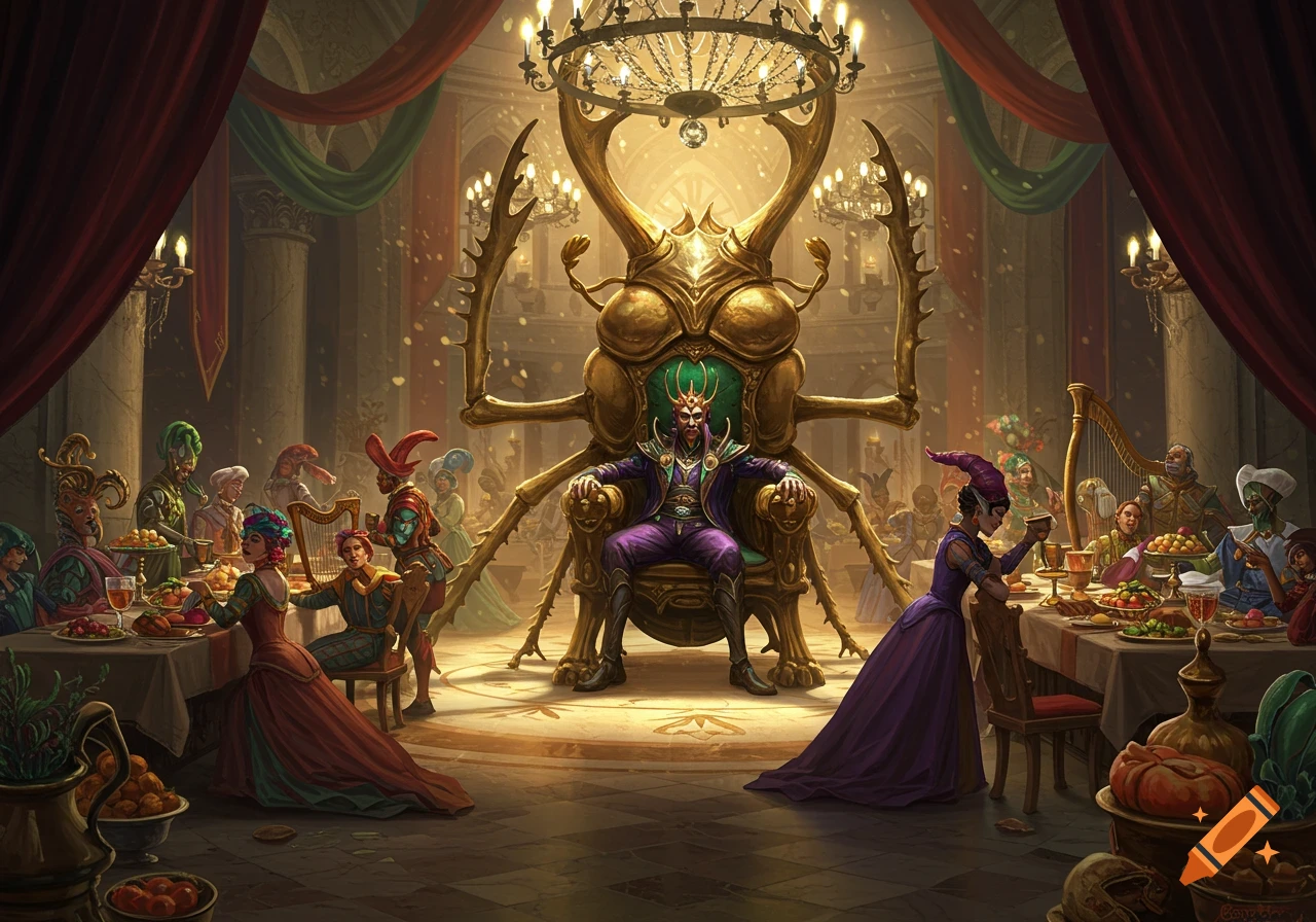 A fantasy king on a golden bug throne watches nobles feast in an opulent hall, rich with chandeliers and drapes.