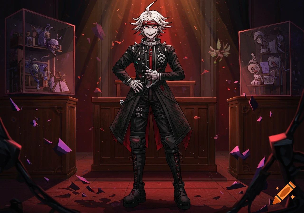 A white-haired, red-eyed anime character with a menacing smile, dressed in a black gothic coat and pants, stands in a dramatic, dark courtroom setting with broken purple shards around.