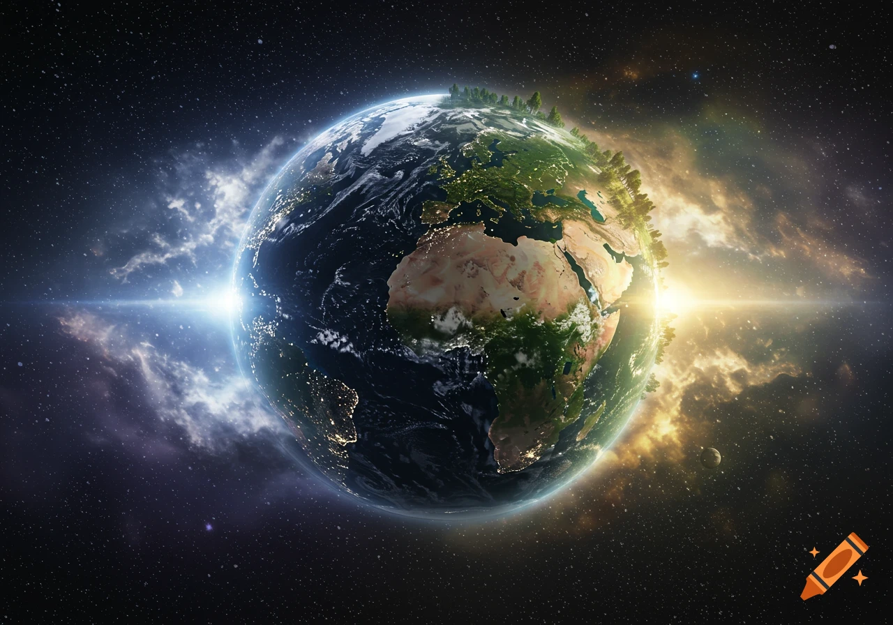 A detailed view of a vibrant planet, showing green forests, continents, and city lights on its surface, enveloped by luminous gas clouds and stars in space.