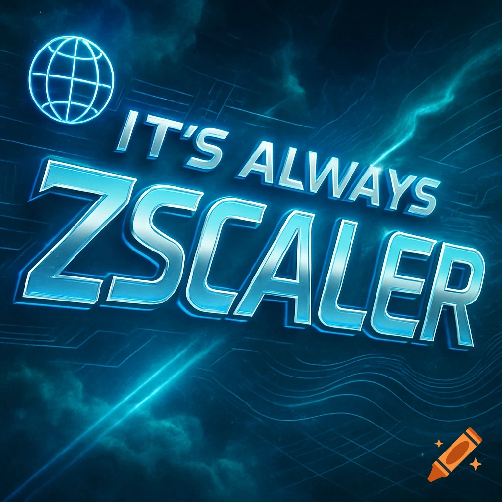 Stylized banner with 'IT'S ALWAYS ZSCALER' text and a glowing globe icon on a dark blue tech background.