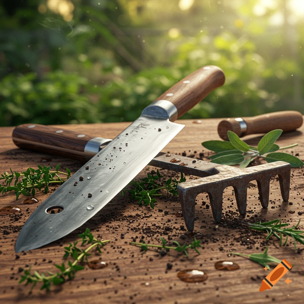 Photorealistic still life of a butcher's knife, garden rake, dirt, water, and herbs on a wooden table with a blurred green background.