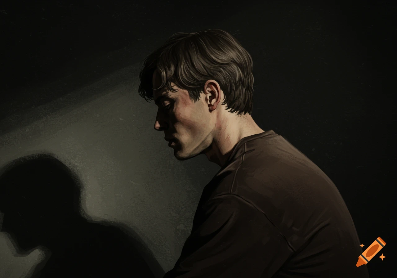 Stylized illustration of a young man with a hunched posture, seen in profile in a dark, moody environment, conveying introspection.
