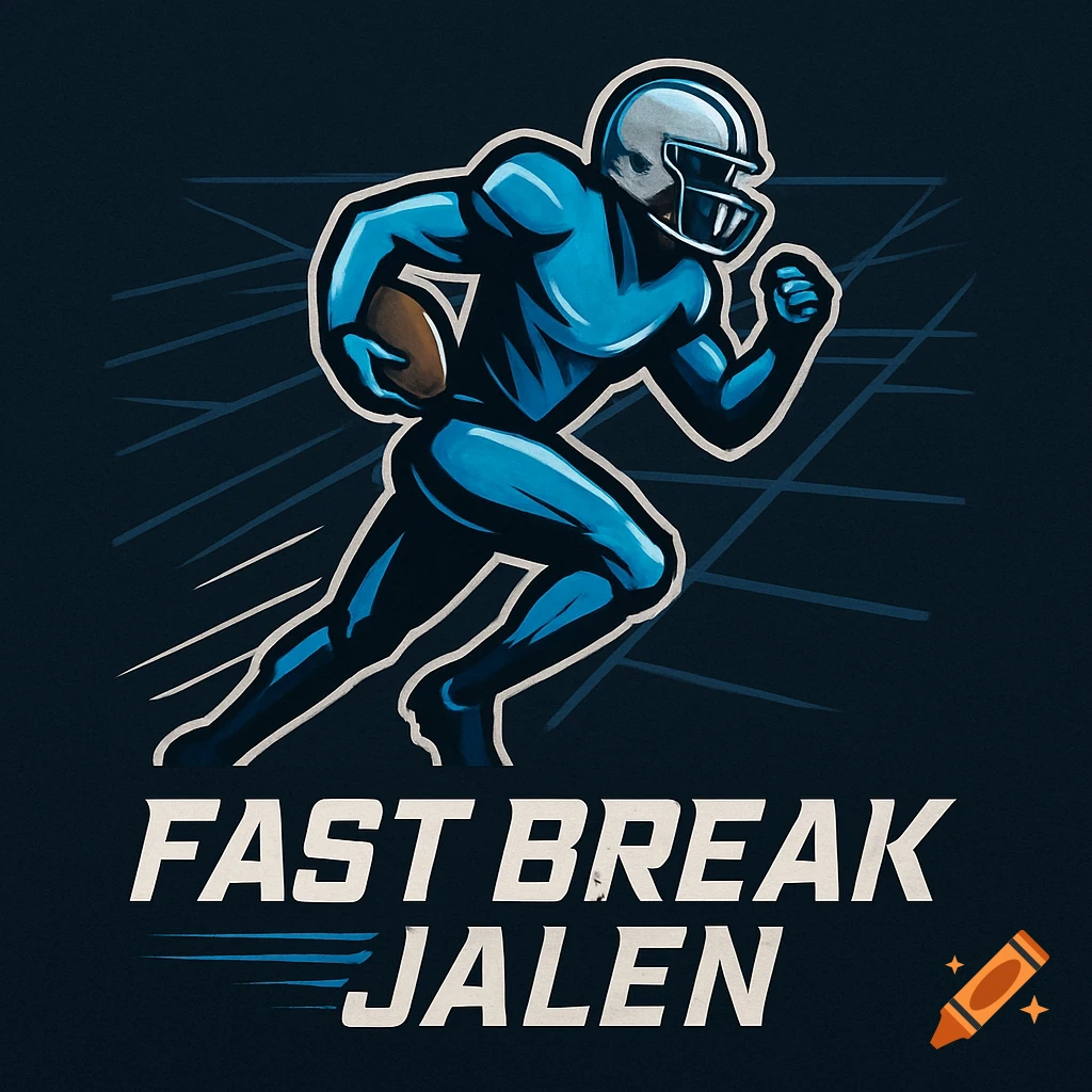 Stylized illustration of a blue football player running with a ball, with 'FAST BREAK JALEN' text below. Logo style.