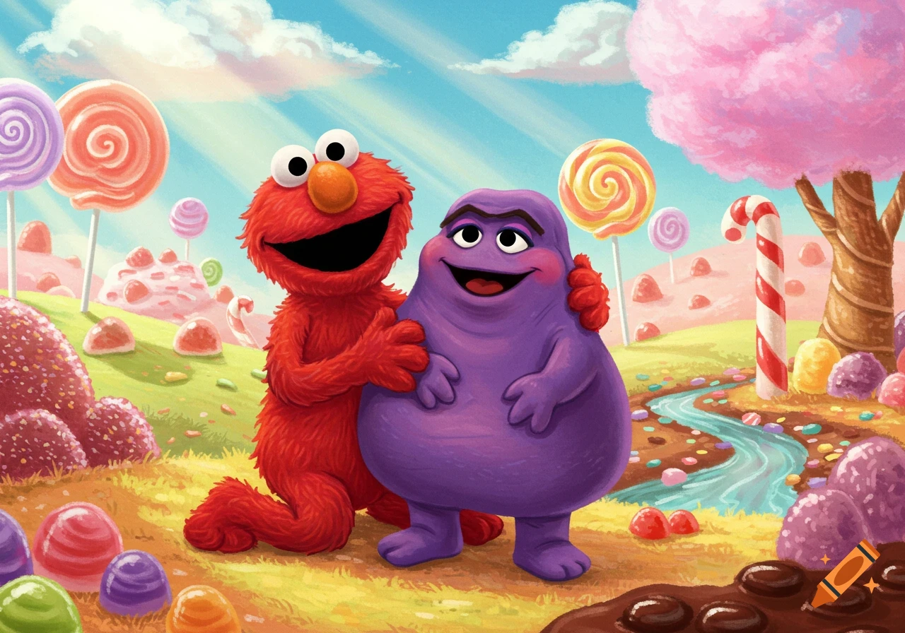 Elmo hugging Grimace in a vibrant, illustrated candy land with lollipops, candy mountains, and a chocolate river.