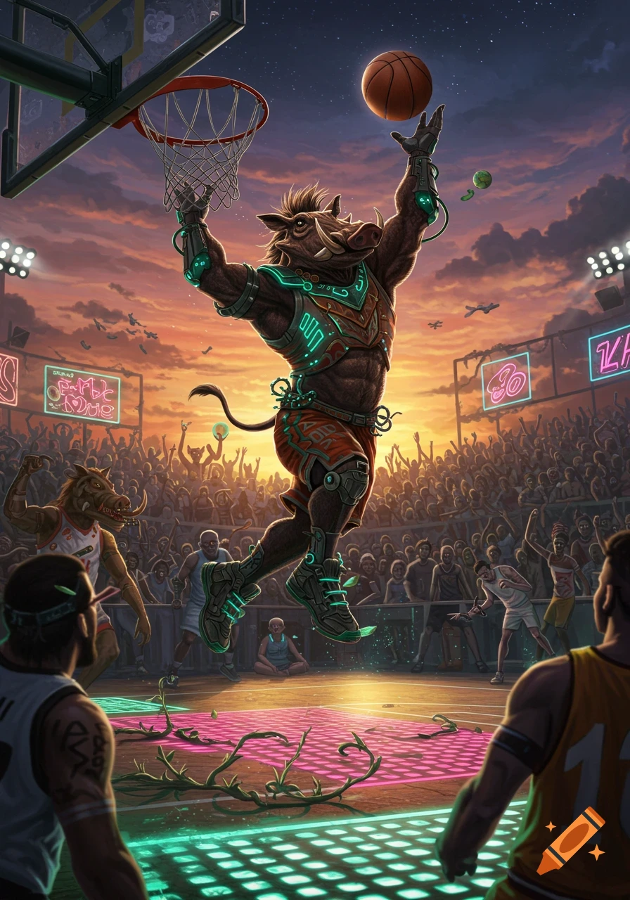 A muscular warthog in glowing cybernetic basketball gear dunks a ball on a vibrant court, with a cheering crowd at sunset. Digital art.