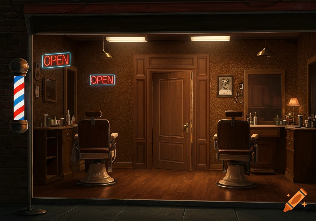A photorealistic view inside a vintage barber shop at night, with neon 'OPEN' signs and a barber pole.