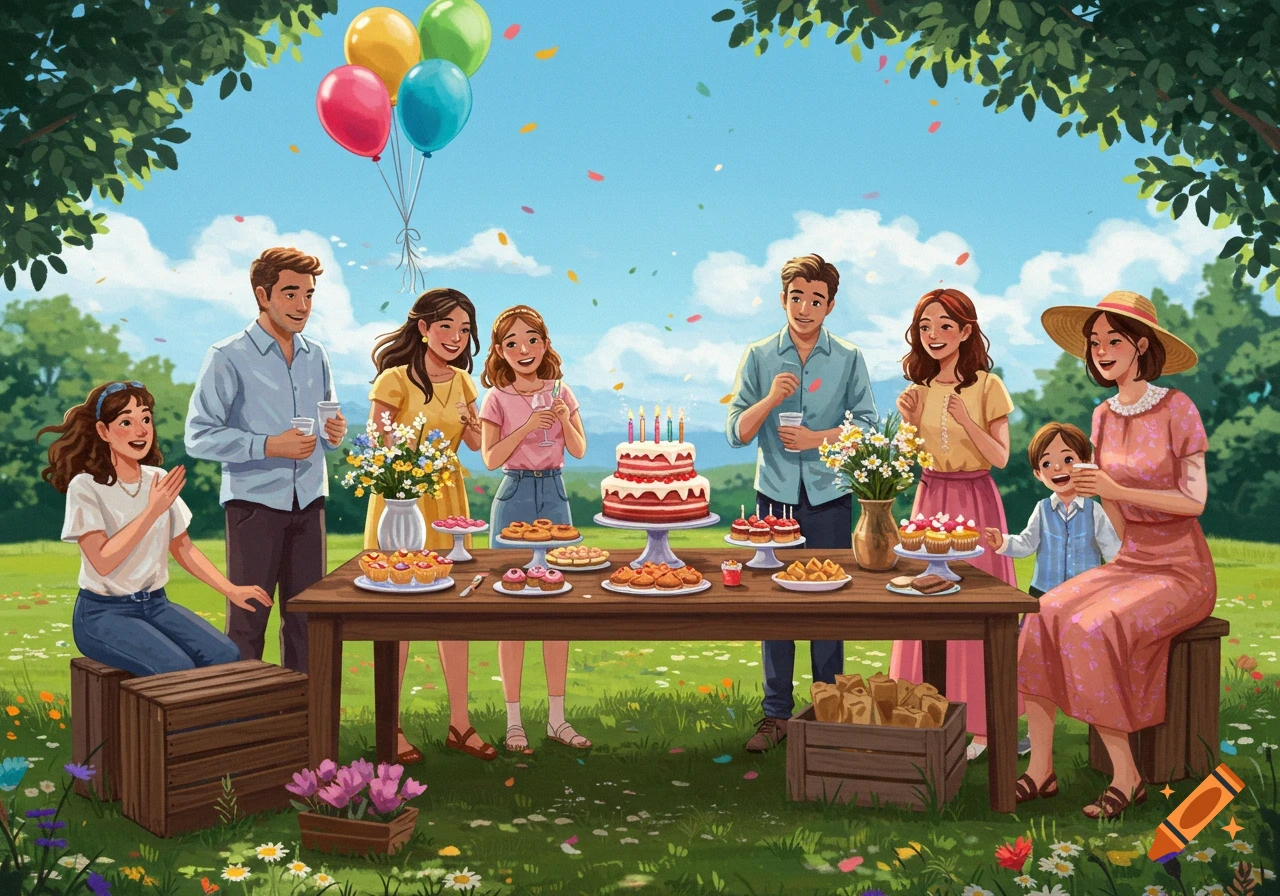 An outdoor birthday celebration with diverse people, a cake with candles, balloons, and food on a table in an illustrative style.