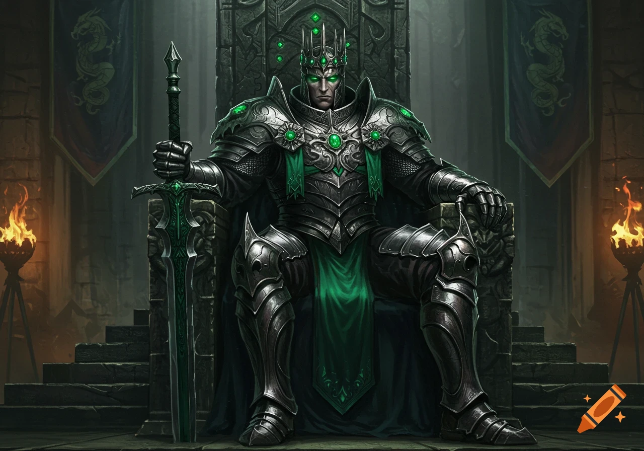 A dark fantasy king in ornate black and green armor sits on a stone throne, holding a large sword, in a torch-lit hall with dragon banners.