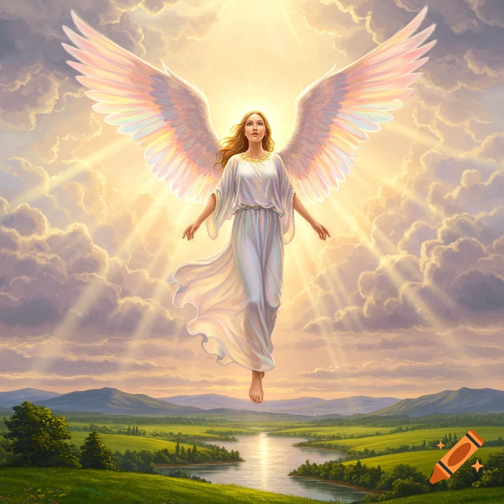 An ethereal angel with large, glowing wings floats in a bright, cloudy sky above a lush green landscape and river.