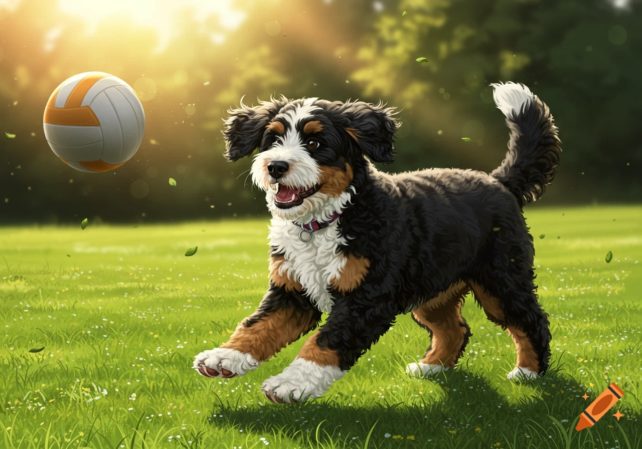 A cute Bernedoodle puppy runs on a sunny green field, chasing a volleyball with floating leaves. Illustrated.