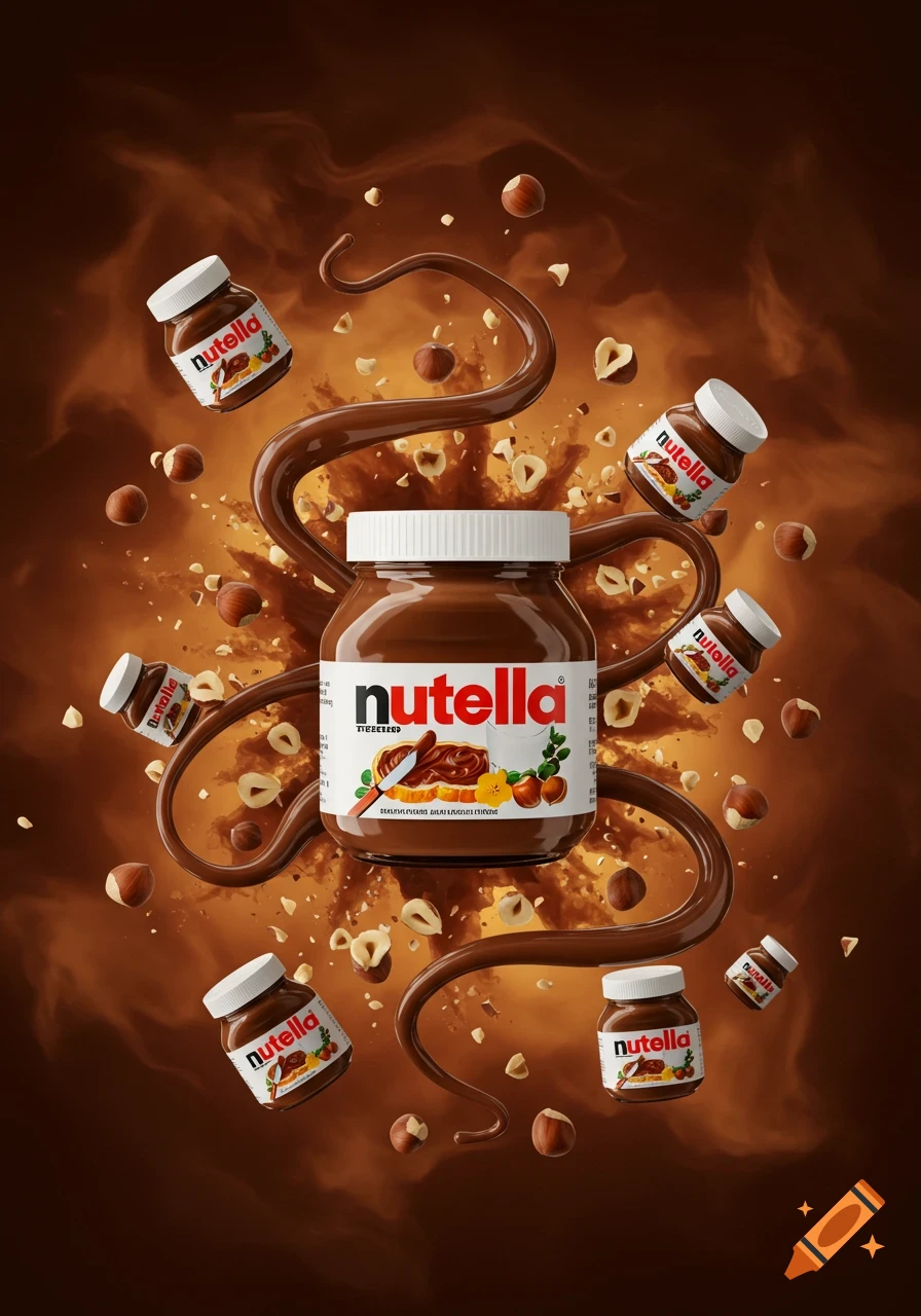A large Nutella jar is surrounded by smaller Nutella jars, hazelnuts, and swirling chocolate, all against a warm brown, smoky background.