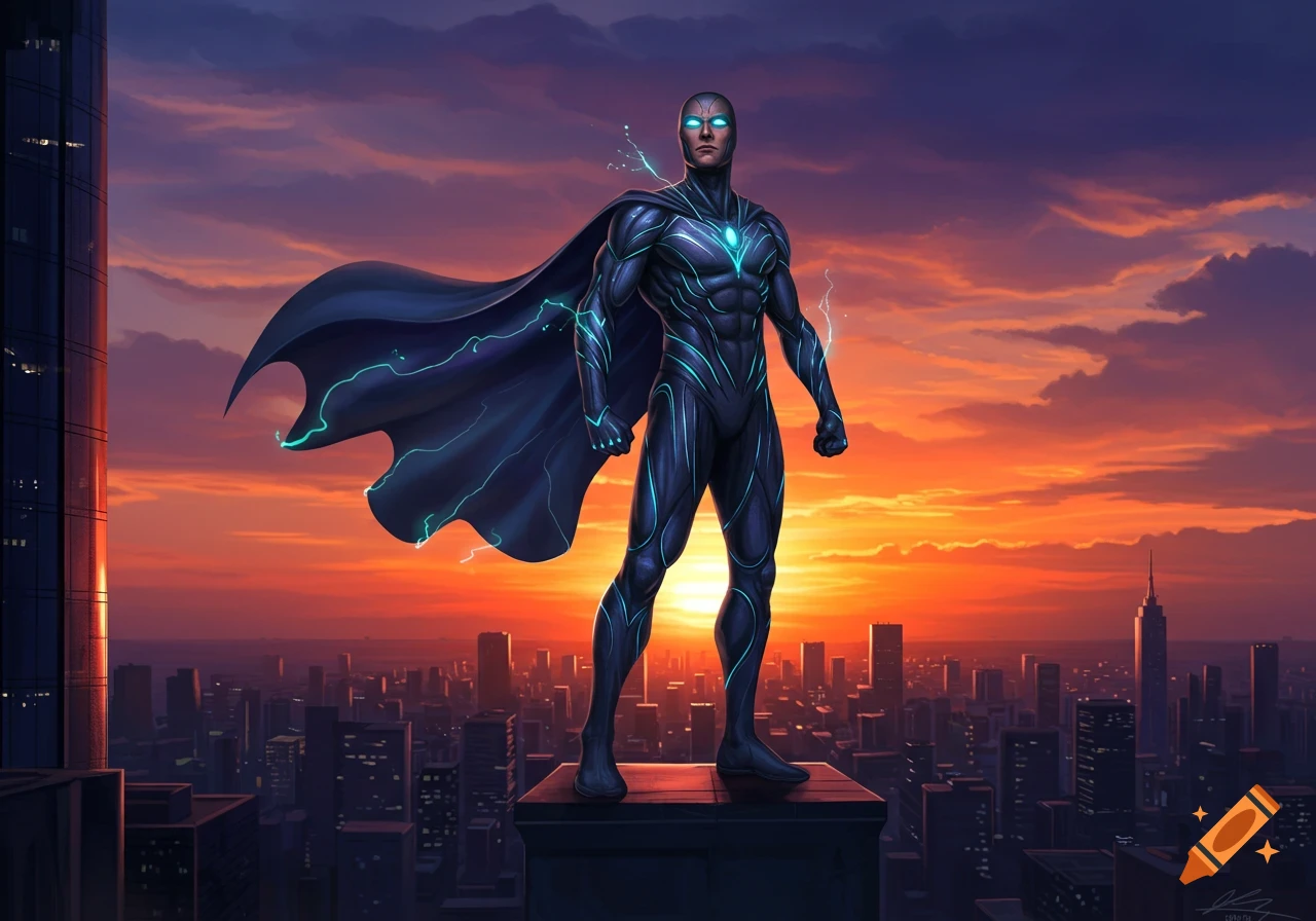 A majestic superhero in a dark suit with glowing blue lines and cape stands on a city rooftop at sunset.