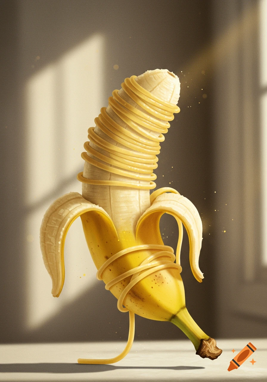 Photorealistic illustration of a peeled banana with pasta noodles coiled around it, against a warm, sunlit background.