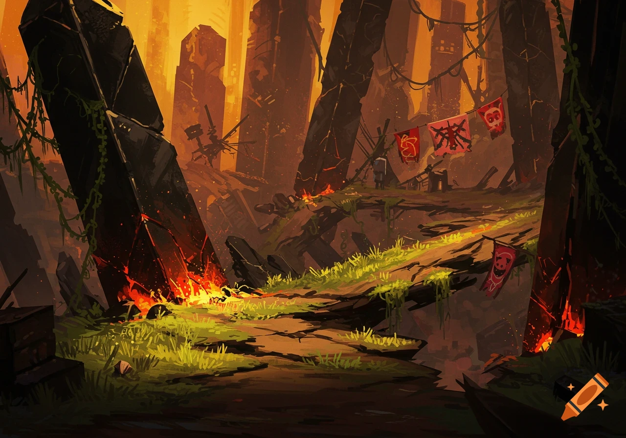 A desolate fantasy landscape featuring tall, broken stone monoliths, glowing lava fissures, and overgrown paths under an orange sky.