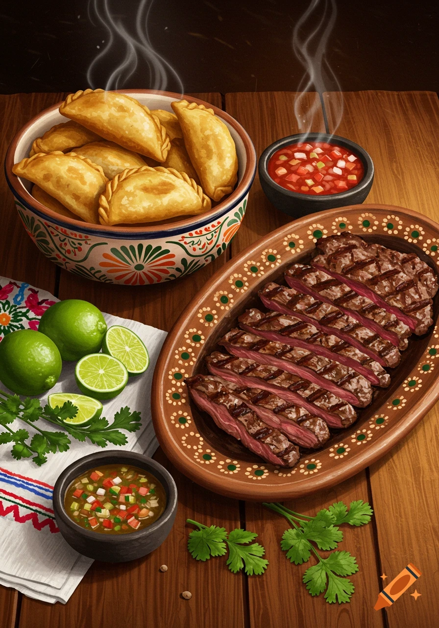 Illustration of empanadas, sliced grilled steak, limes, and salsa on a wooden table, with steam rising.