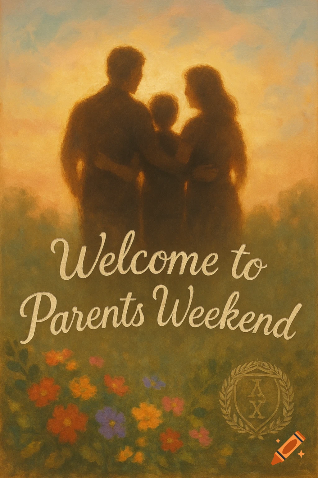 Illustration of a silhouetted family at sunset above text 'Welcome to Parents Weekend' and colorful flowers.