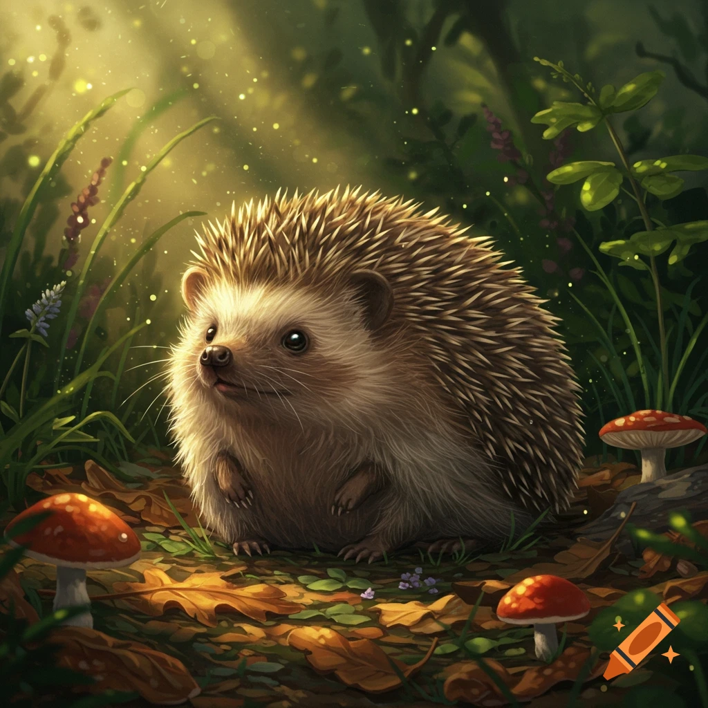 A cute hedgehog sits on a forest floor among fallen leaves and red mushrooms, bathed in magical glowing light.