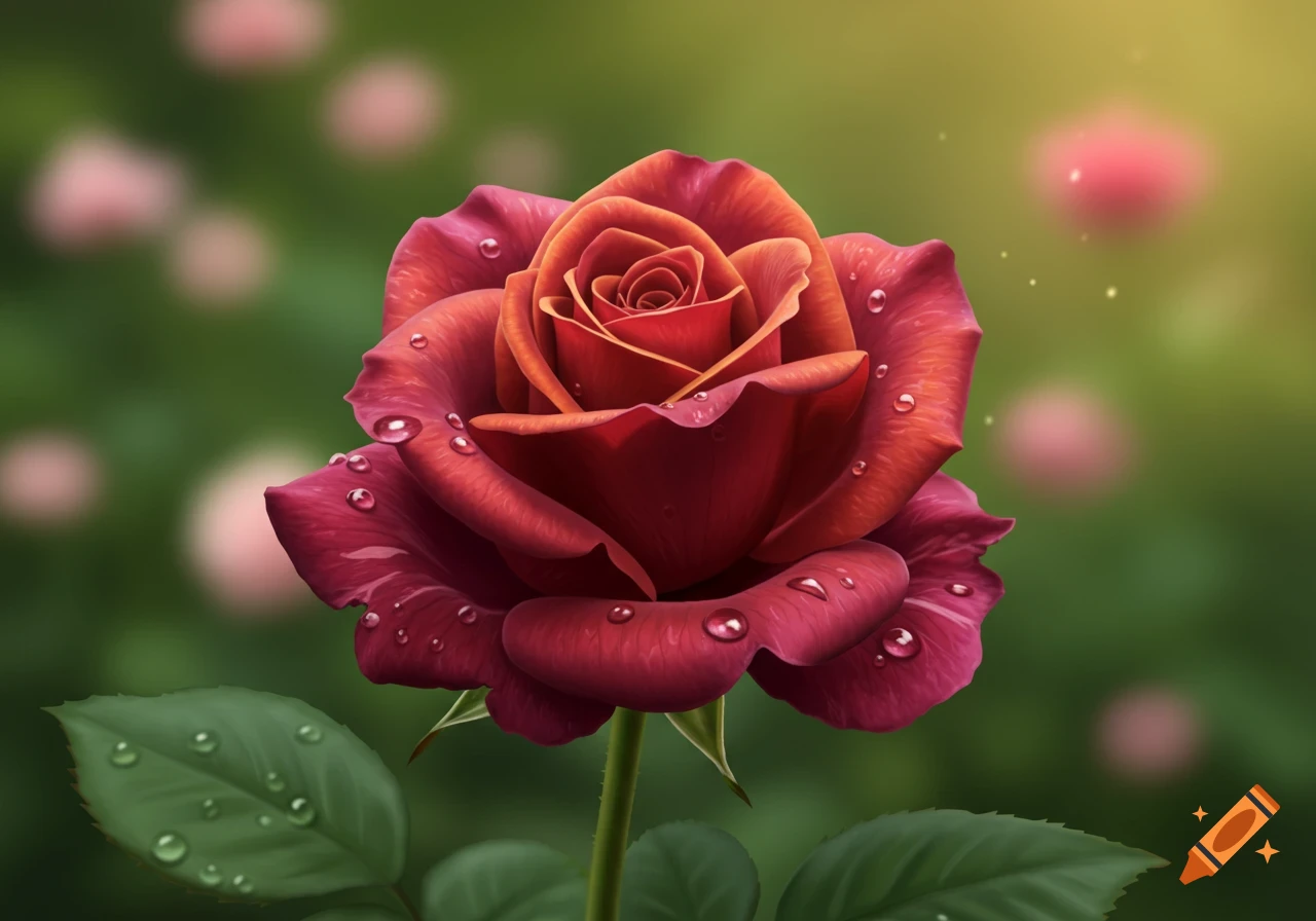 A photorealistic close-up of a vibrant red rose covered in water droplets against a soft green background.