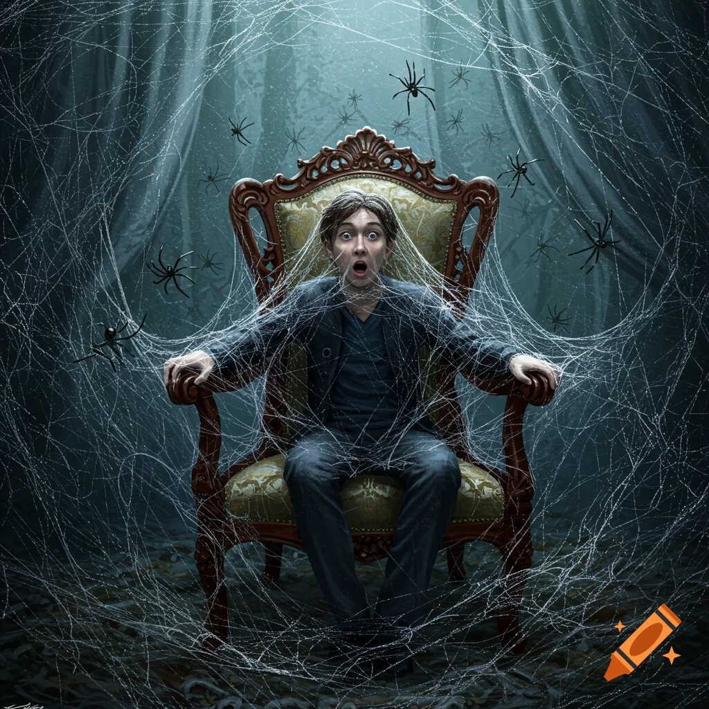 A terrified man is entangled in dense spider webs, surrounded by black spiders, sitting in an ornate chair in a dark forest.