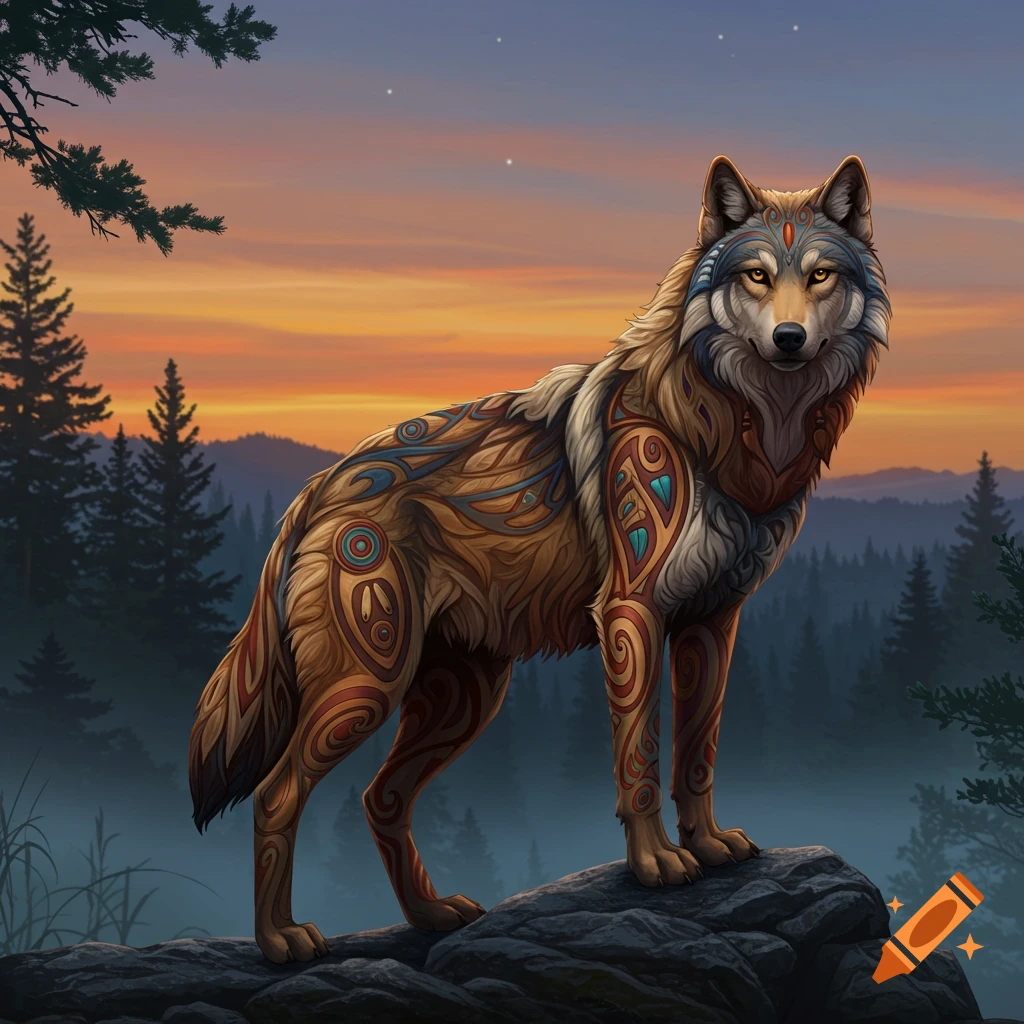 A stylized illustration of a wolf with intricate brown, blue, and red tribal patterns, standing on a rock in a forest against a sunset sky.