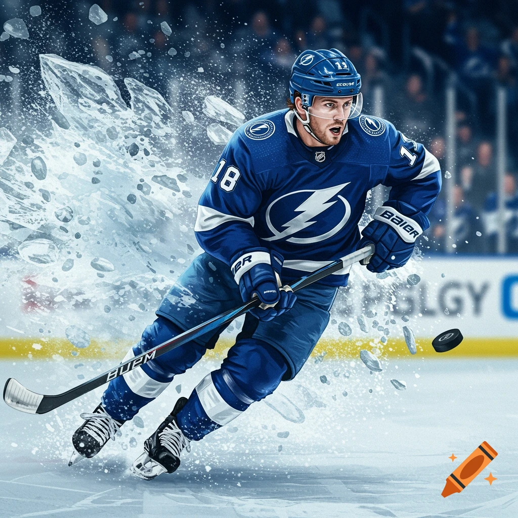 A hockey player in a blue uniform with the number 18 and a lightning bolt logo skates dynamically on ice, kicking up ice shards, with a puck nearby.