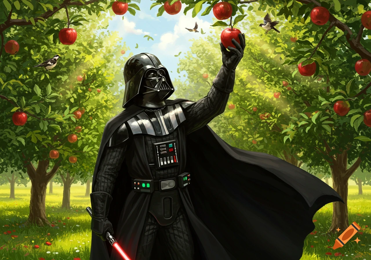 Darth Vader in a sunny apple orchard reaches to pick a red apple from a tree, with small birds flying around. Digital painting.