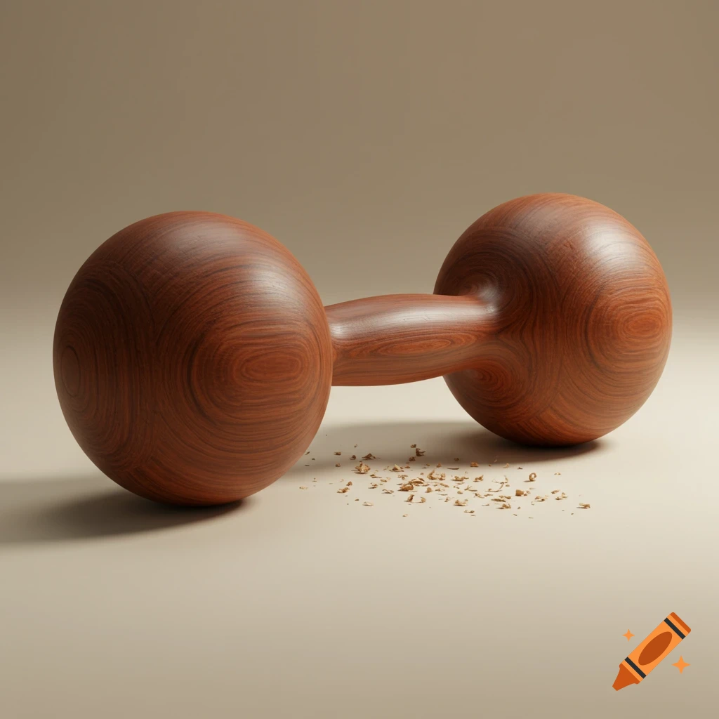 A photorealistic wooden dumbbell rests on a light brown surface, surrounded by wood shavings.
