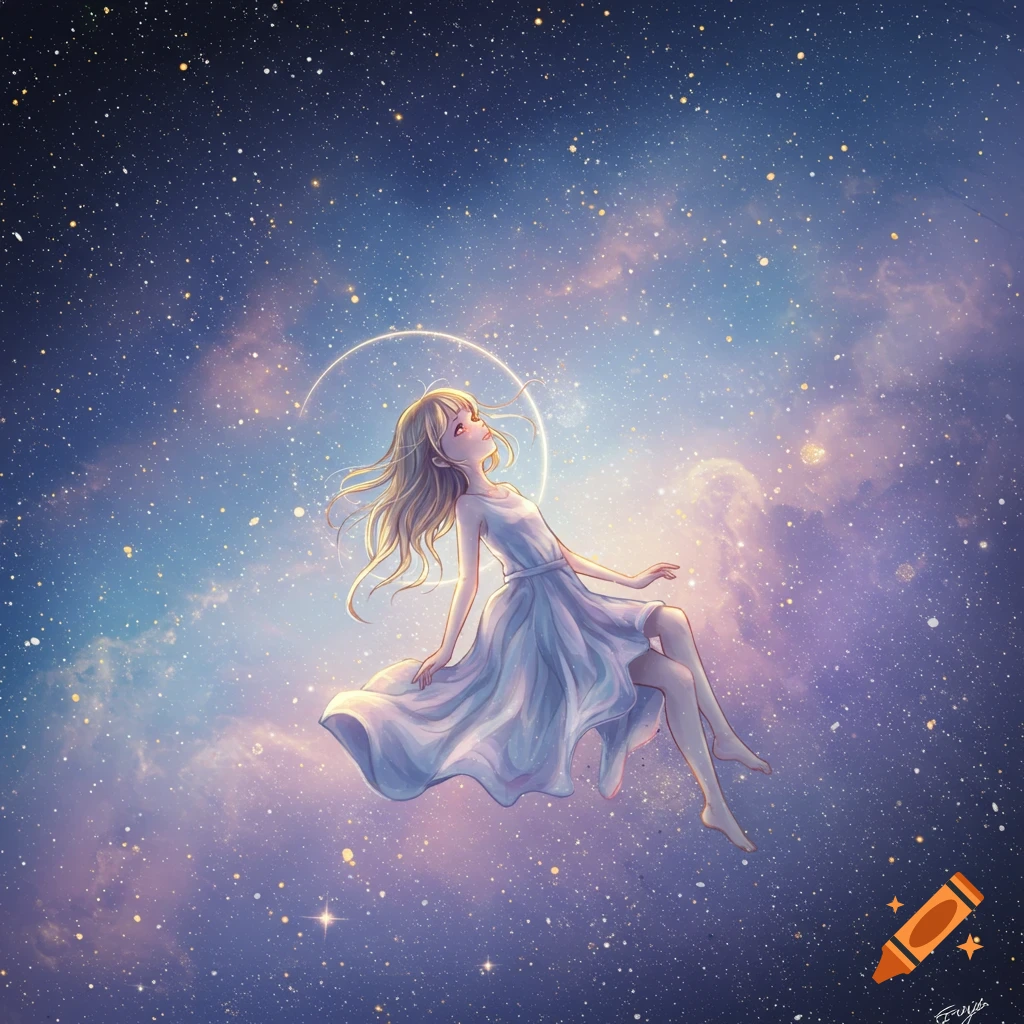 Anime girl with flowing blonde hair in a white dress floats weightlessly in a starry cosmic sky with nebulae and a glowing halo.