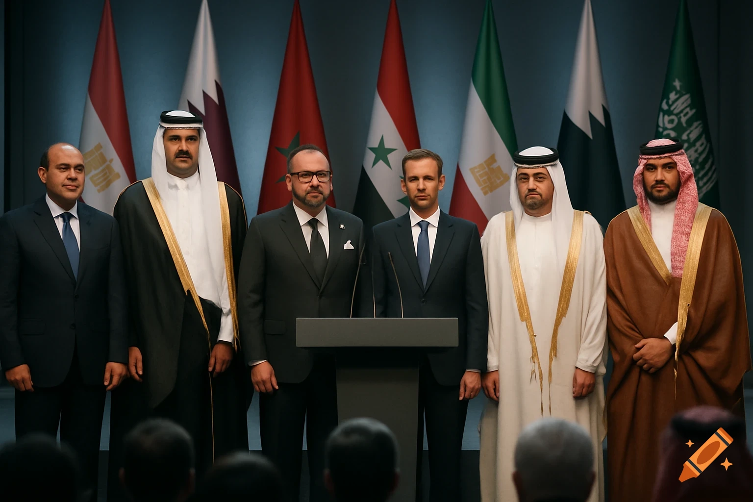 A group of six men in suits and traditional Arab attire stand in front of a row of national flags at a conference podium.